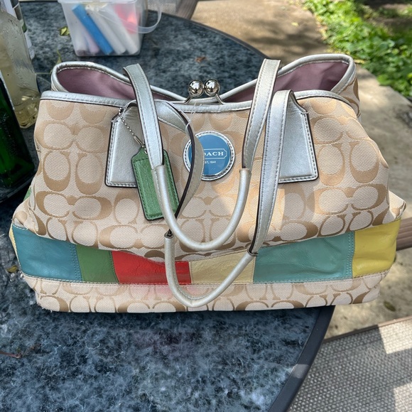 Coach Handbags - Coach Cream Shoulder Bag with Signature Monogram kisslock